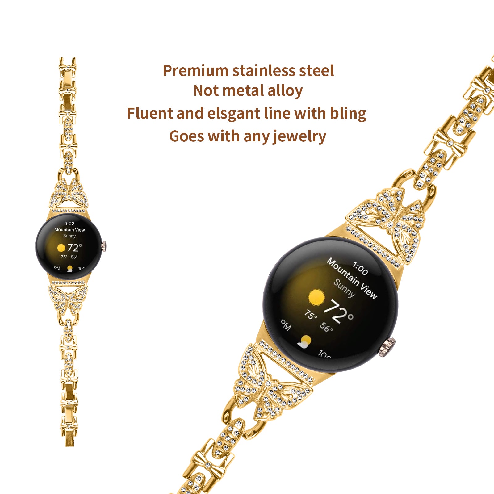 Metal Bling Watch Band for Google Pixel Watch 2 Pixel Watch Stainless Steel Butterfly Rhinestone Decor Smartwatch Strap Metal Bling Watch Band for Google Pixel Watch 2 Pixel Watch Stainless Steel Butterfly Rhinestone Decor Smartwatch Strap